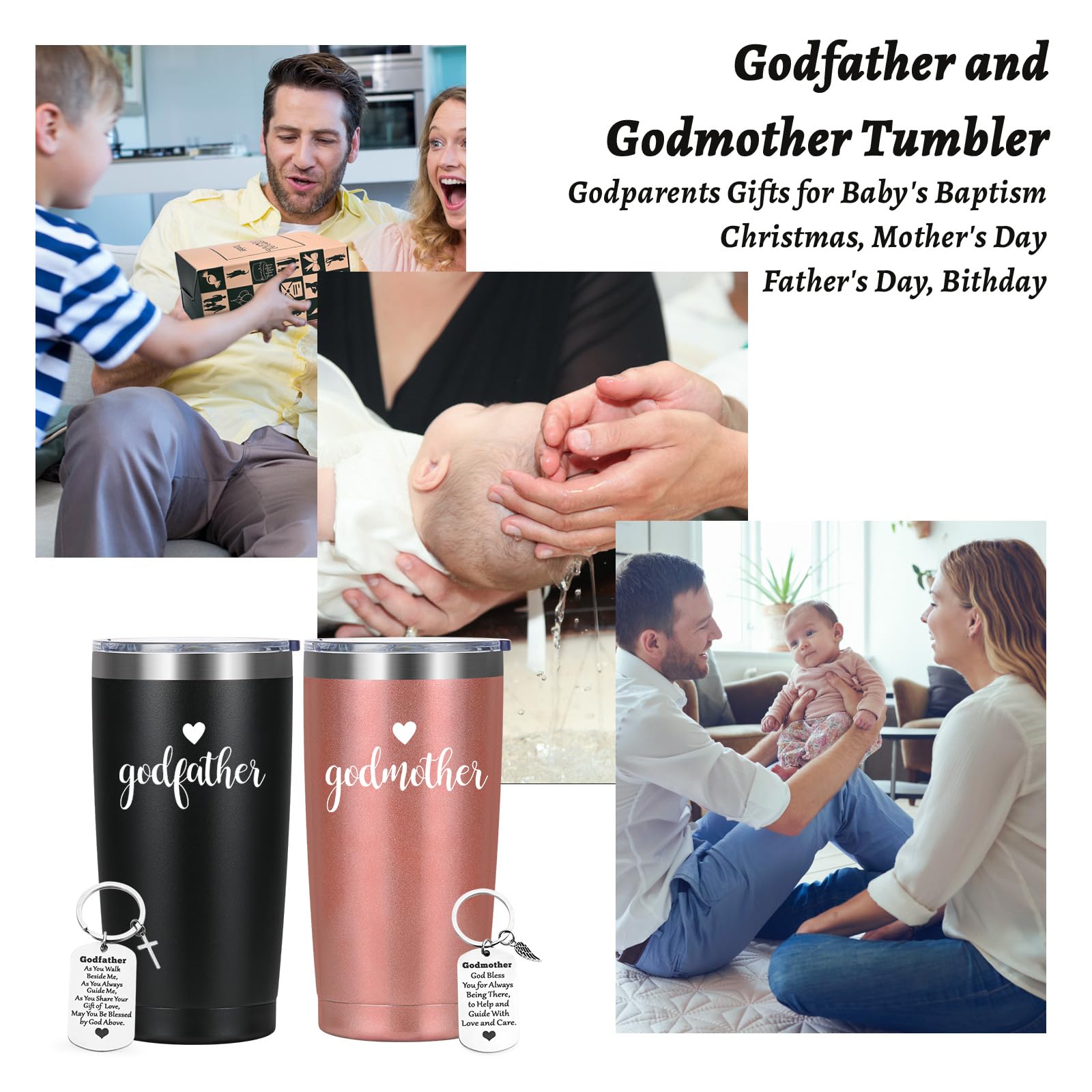 LiqCool Godparents Proposal Gift, Godmother & Godfather Insulated Tumbler Set with Keychain, Godparents Gift from Godchild, God Parents Presents for Mother's Day Baptism, 20oz Black & Rose Gold