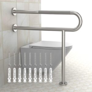 toilet support rail 31.3x 31.5 inch, munzong anti-slip satin brushed nickel handicap grab bar for bathroom, stainless steel knurled safety handrails with leg for elderly disabled pregnant-1.25’tube