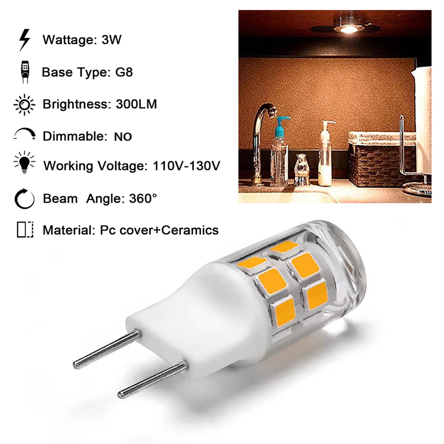 SSQY G8/GY8.6 LED Light Bulb 3 Watts Warm White - G8 Base Bi-pin Xenon JCD Type LED 120V 20W Halogen Replacement Bulb,Under-Cabinet Light.Pack of 5 (Warm White)