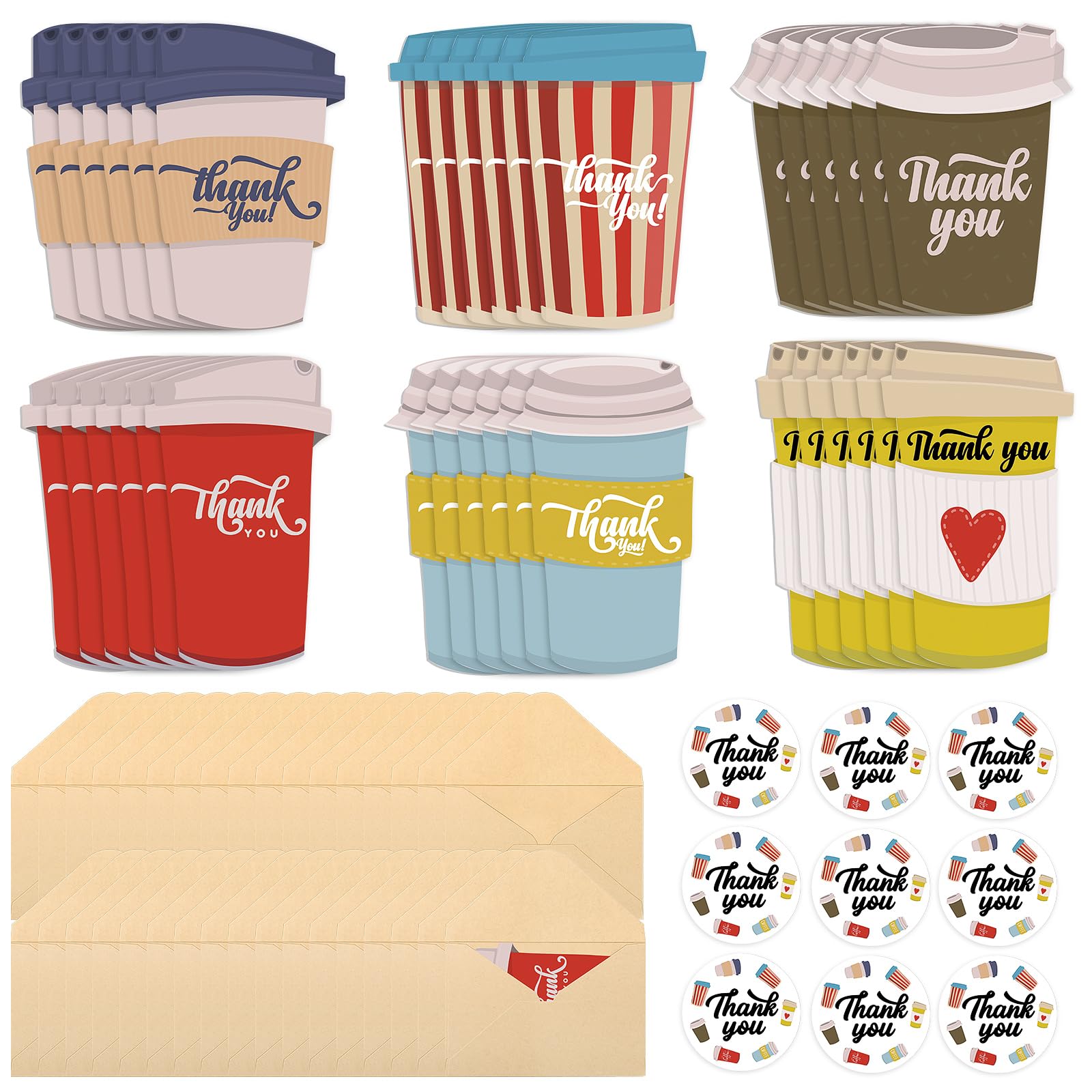 Tenceur 72 Set Employee Appreciation Gifts Including 72 Coffee Cup Thank You Cards Funny Blank Coffee Greeting Cards with 72 Envelopes 72 Stickers Small Business Appreciation Card for Party Office