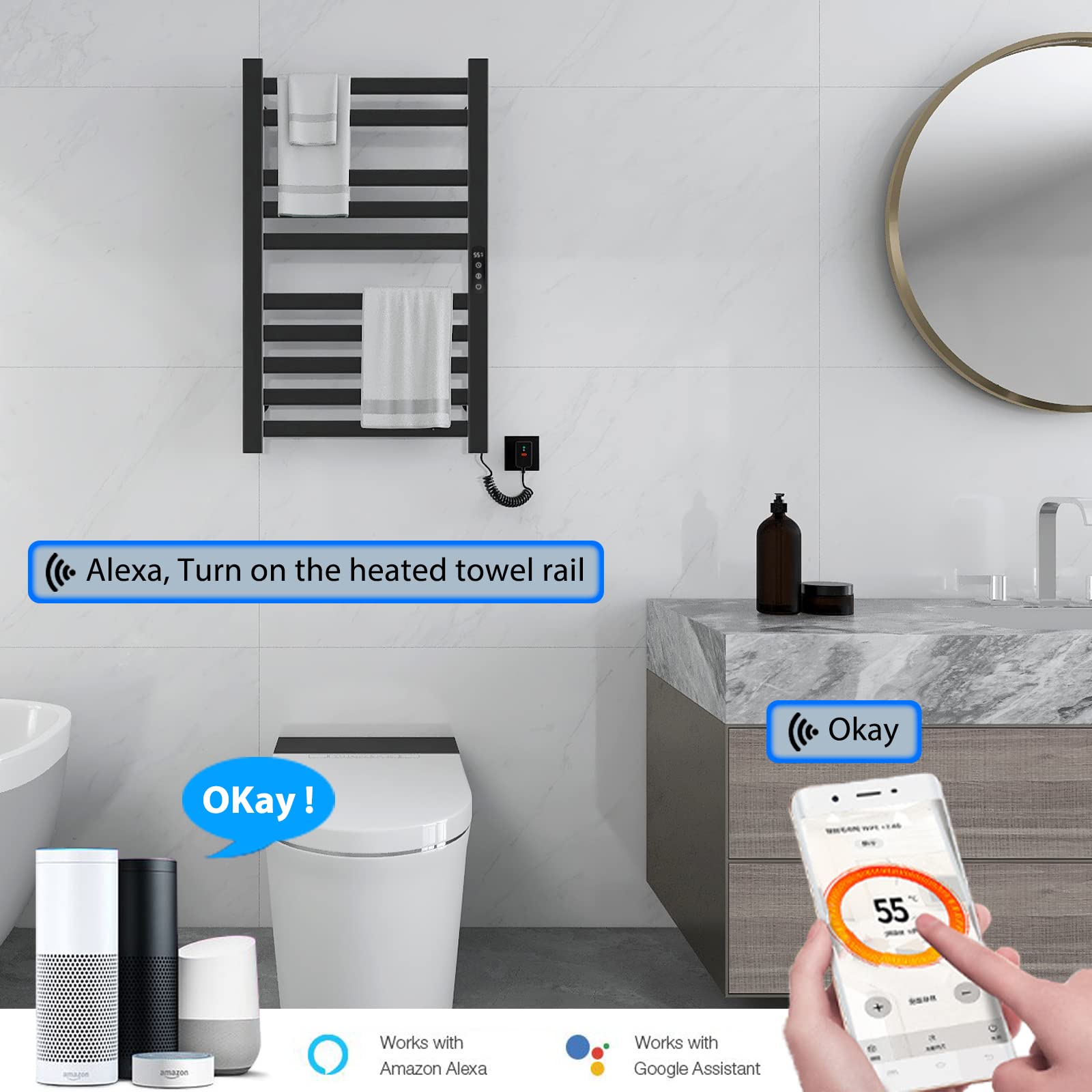 Heated Towel Rack, WiFi Towel Warmer Rack, für Alexa und Google Home and TUYA APP, Heated Towel Racks for Bathroom, with 1H-9H Hour Timer 86℉-158℉ Temperature Control-WiFi Black Right