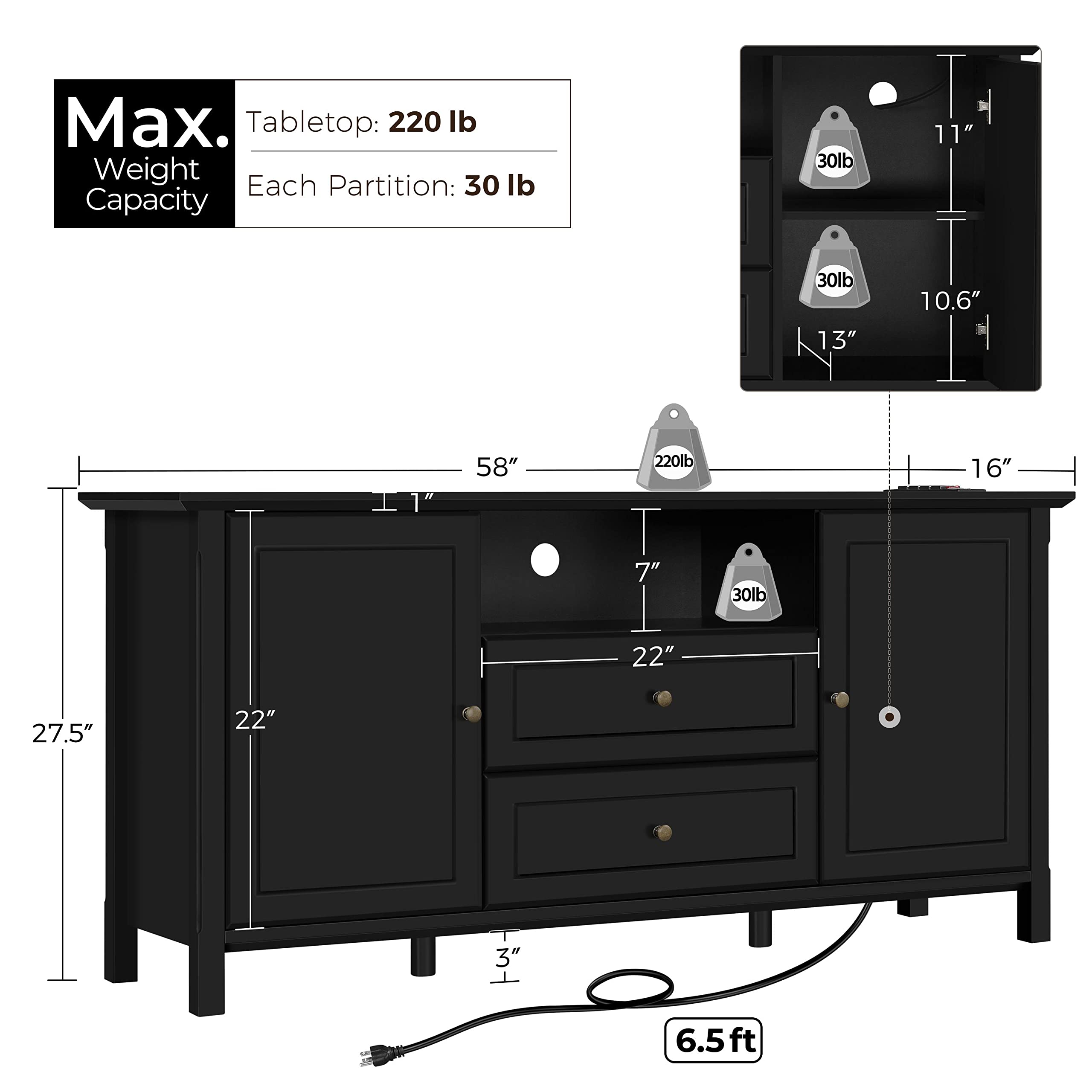 Yaheetech Black TV Stand with Drawers for TVs up to 65 Inch, Media Entertainment Center with Power Outlet & Storage Space, Modern Elegant TV Console for Bedroom & Living Room