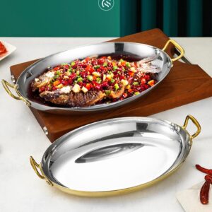 UGCER Oval Spanish Paella Pan - Stainless Steel Seafood Lobster Plate Non Stick Uncoated with Dual Handle for Homes Or Restaurants (Silver,30cm)