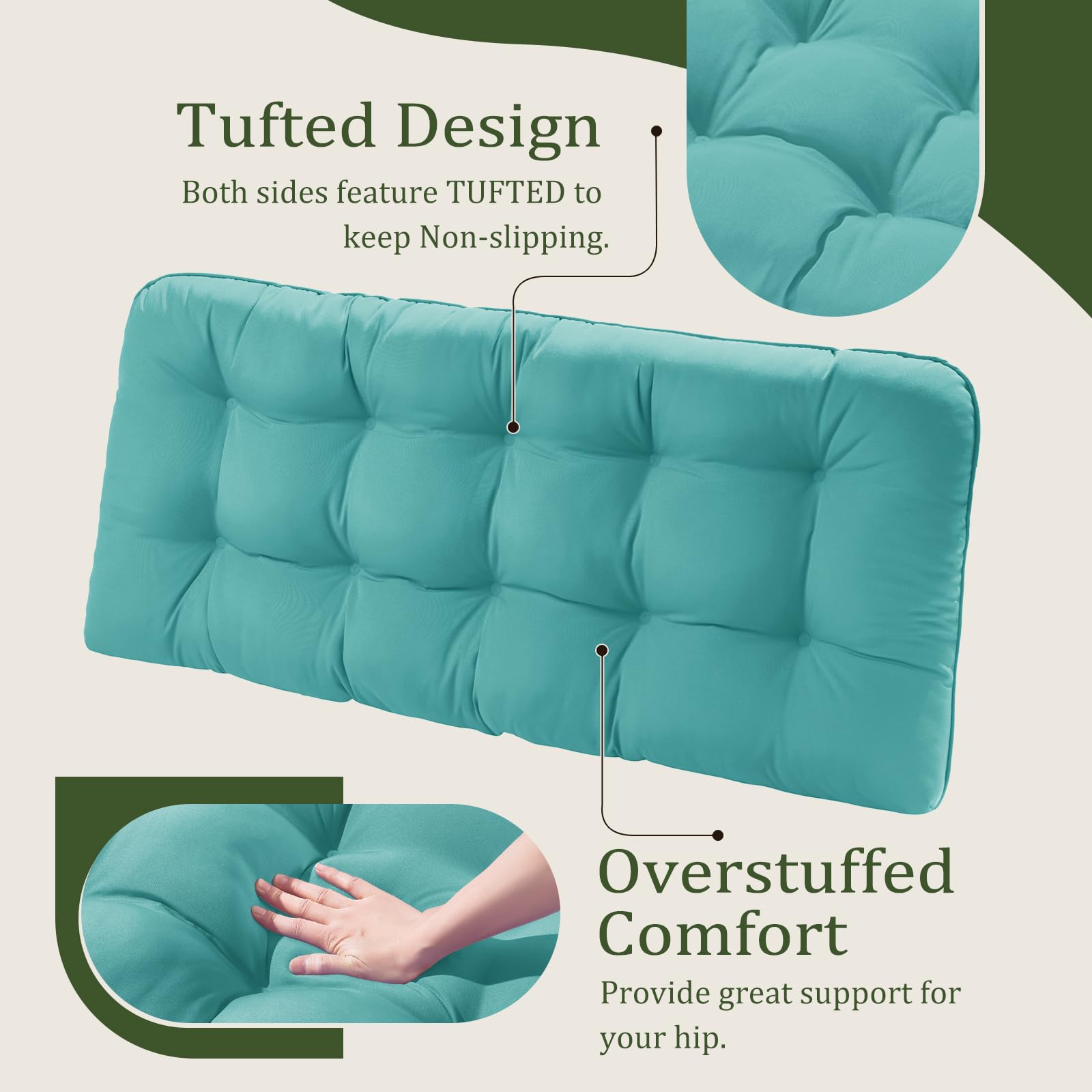 LOVTEX Tufted Bench Cushions for Outdoor Furniture, 48 x 18 InchesPatio Swing Cushions Teal - Overstuffed Indoor/Outdoor Loveseat Cushions with Round Corner