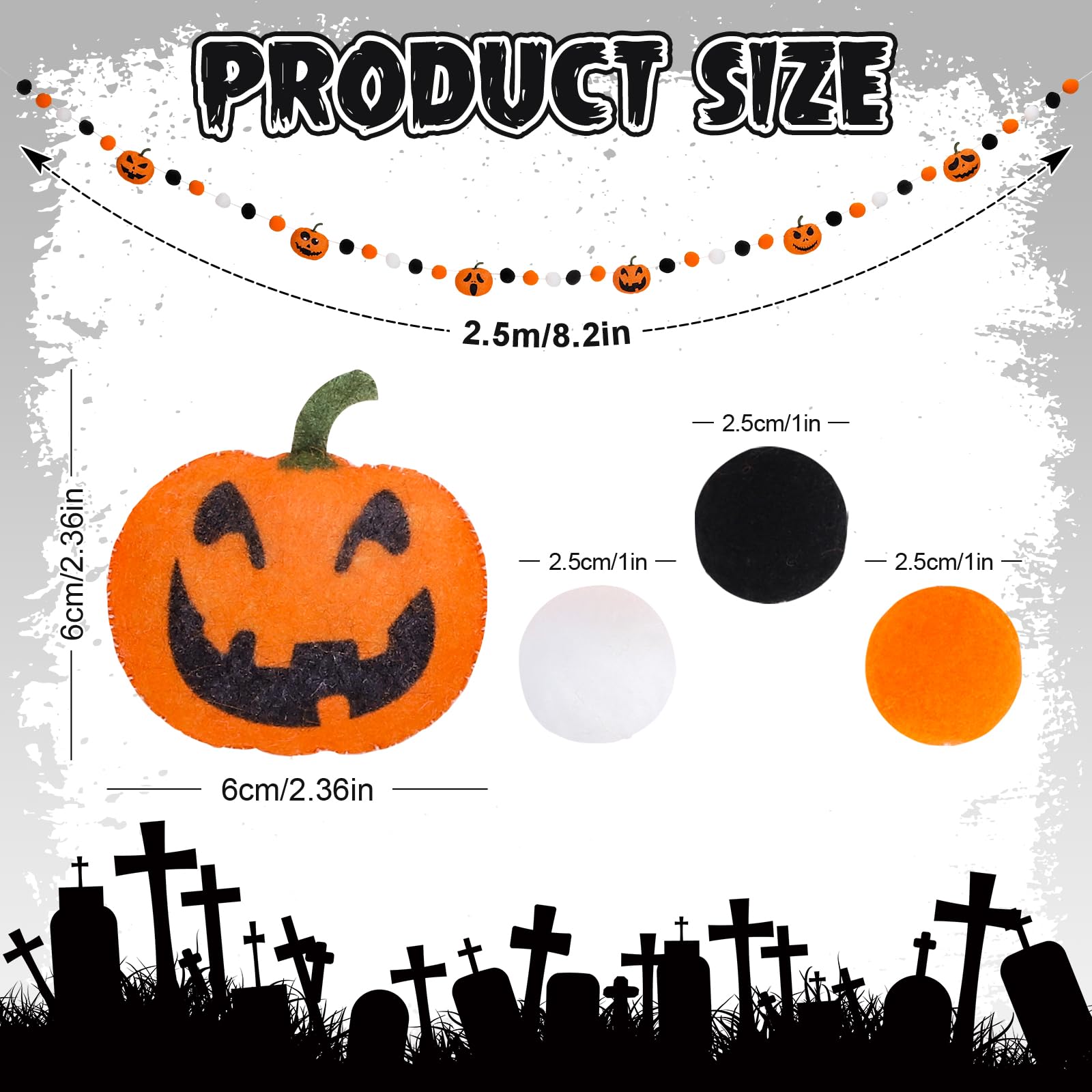 Whaline 8.2Ft Halloween Felt Pom Pom Garland Different Expressions Cute Pumpkins Hanging Banner Orange White Black Pom Ball Bunting Banner for Halloween Home Mantel Wall Window Decor Party Supplies