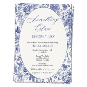 bridal shower invitation something blue classy classic vintage floral victorian before i do wedding shower antique customized personalized printed cards (12 count)