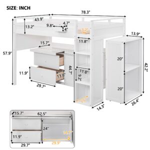 Merax Loft Bed Twin Size with Desk, Super Storage Space with Drawers & Cabinet (Movable Design), White