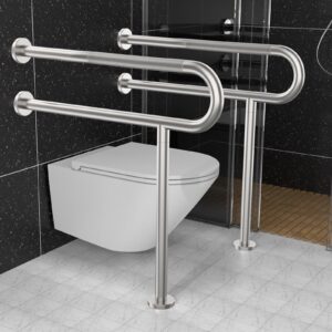 Toilet Support Rail 31.3X 31.5 Inch, Munzong Anti-Slip Satin Brushed Nickel Handicap Grab Bar for Bathroom, Stainless Steel Knurled Safety handrails with Leg for Elderly Disabled Pregnant-1.25’Tube