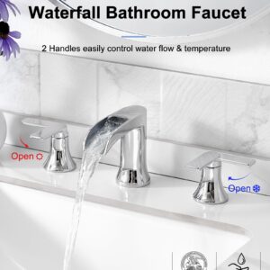 HOIGY Chrome Bathroom Faucet, 2 Handles Brass Widespread Waterfall Faucet for Bathroom Sink, 4-10 Inch Sink Faucet Bathroom 3 Hole, Farmhouse RV Restroom Vanity Faucet with Pop Up Drain & Water Hoses