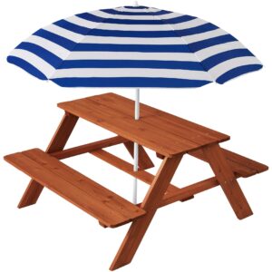 best choice products kids wooden picnic table, outdoor activity & dining table w/adjustable collapsible umbrella, built-in seats - golden brown/navy