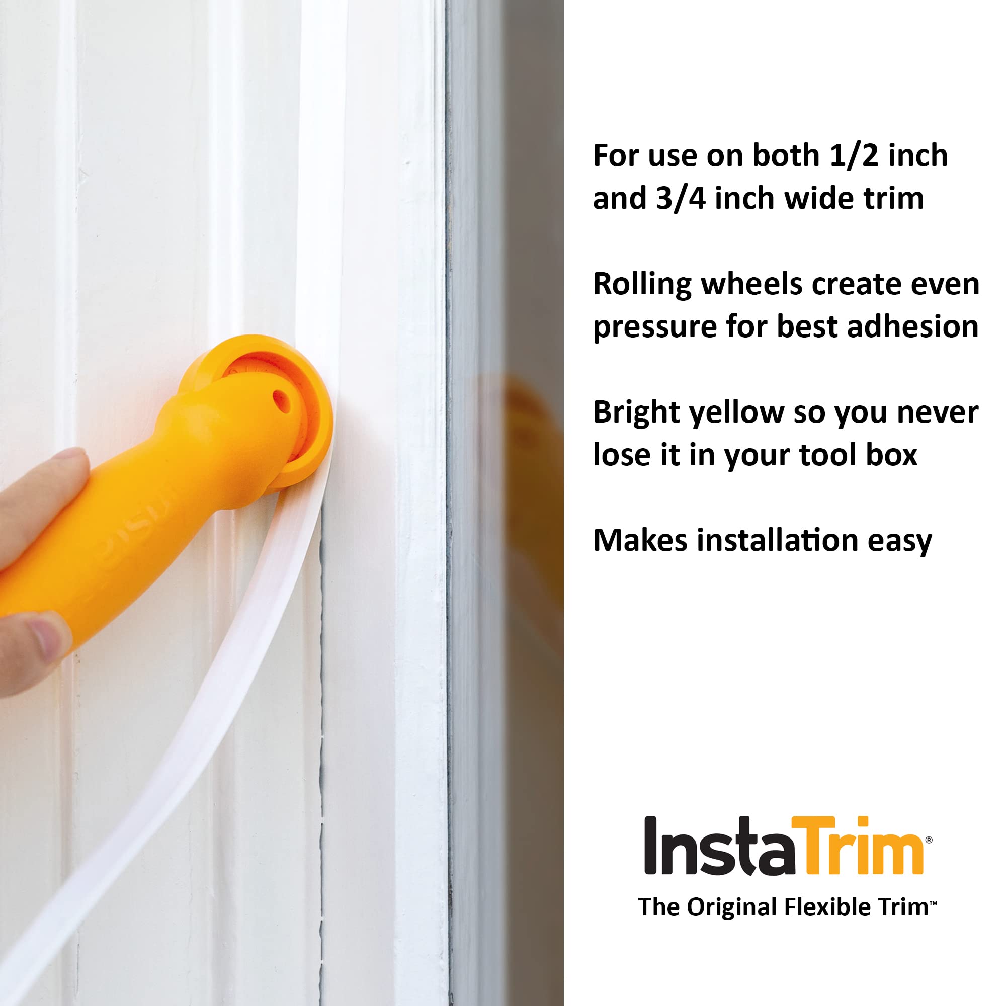 InstaTrim Flexible Self-Adhesive Trim Bundle with Applicator - Trim Caulking Kit with 10 ft White 1/2 in Wide Caulk Strip, 6 Corner and End Caps, and Applicator Tool