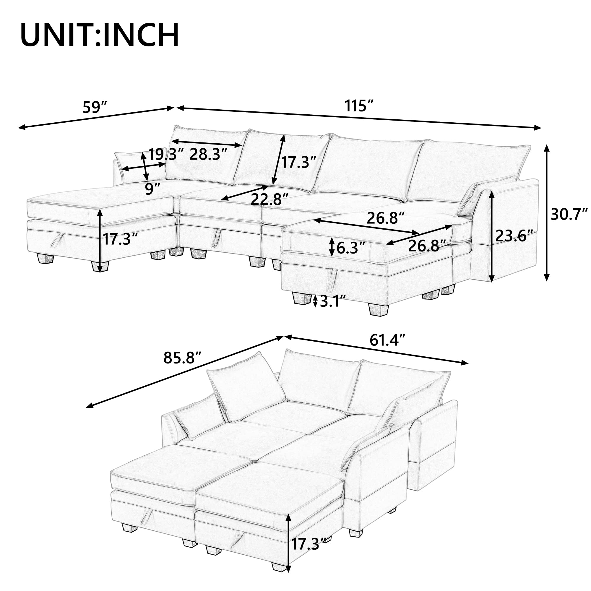 Harper & Bright Designs Large U-Shape Sectional Sofa, Modern Upholstered Sofa Couch with Removable Ottoman and Storage Seat, Convertible Sofa Bed with Reversible Chaise for Living Room, Light Green