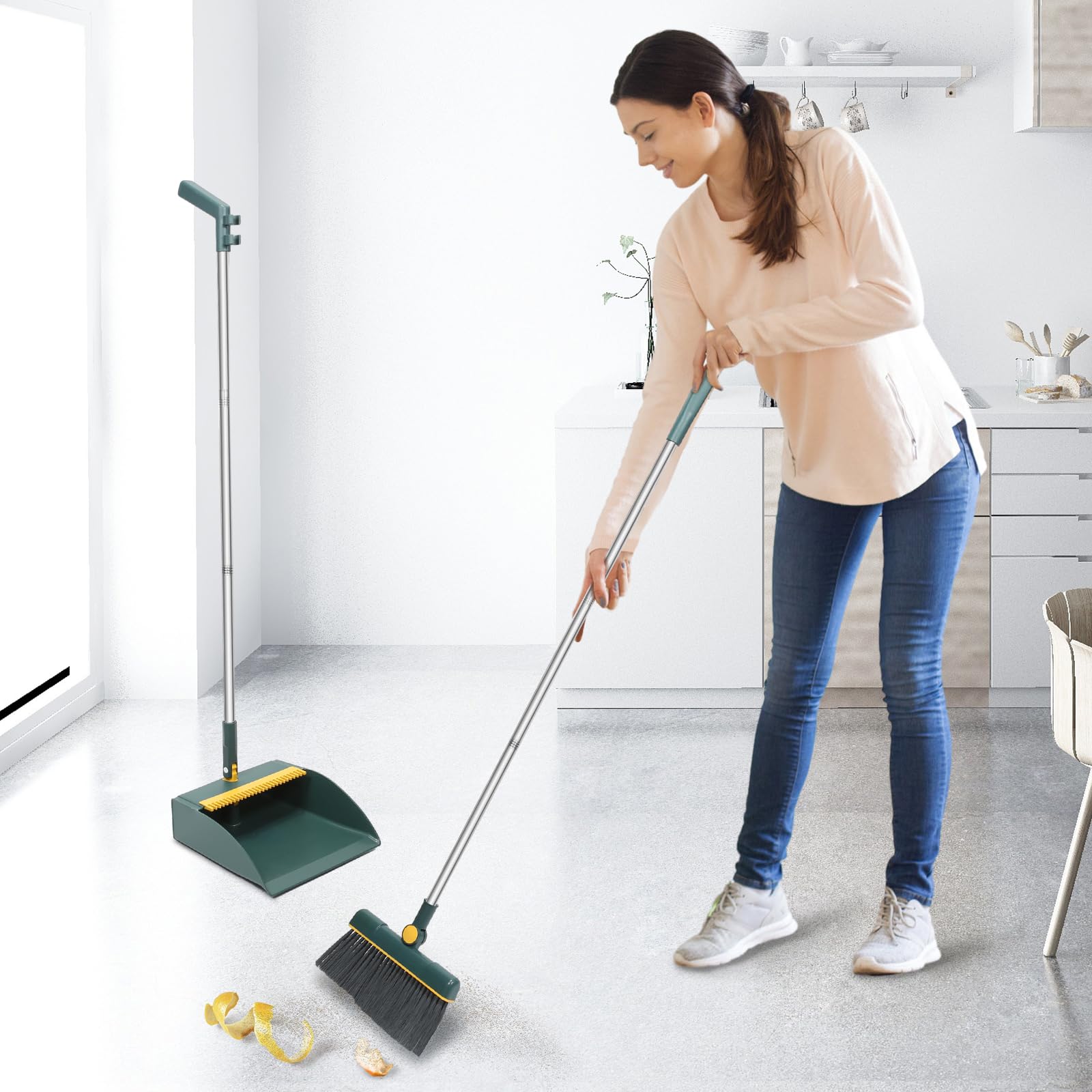 Broom with Dustpan Combo Set,180° Rotating Long Handle Broom and Dust Pan Set for Home Kitchen Office Indoor Outdoor Cleaning,Easy Storage.