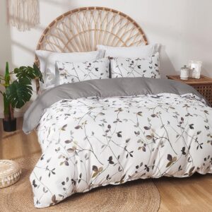 Lekesky Reversible Duvet Cover King Size, White Grey Tree Branch Pattern Comforter Cover King 3pc Super Soft Microfiber Breathable Botanical Bedding Sets with Zipper Ties