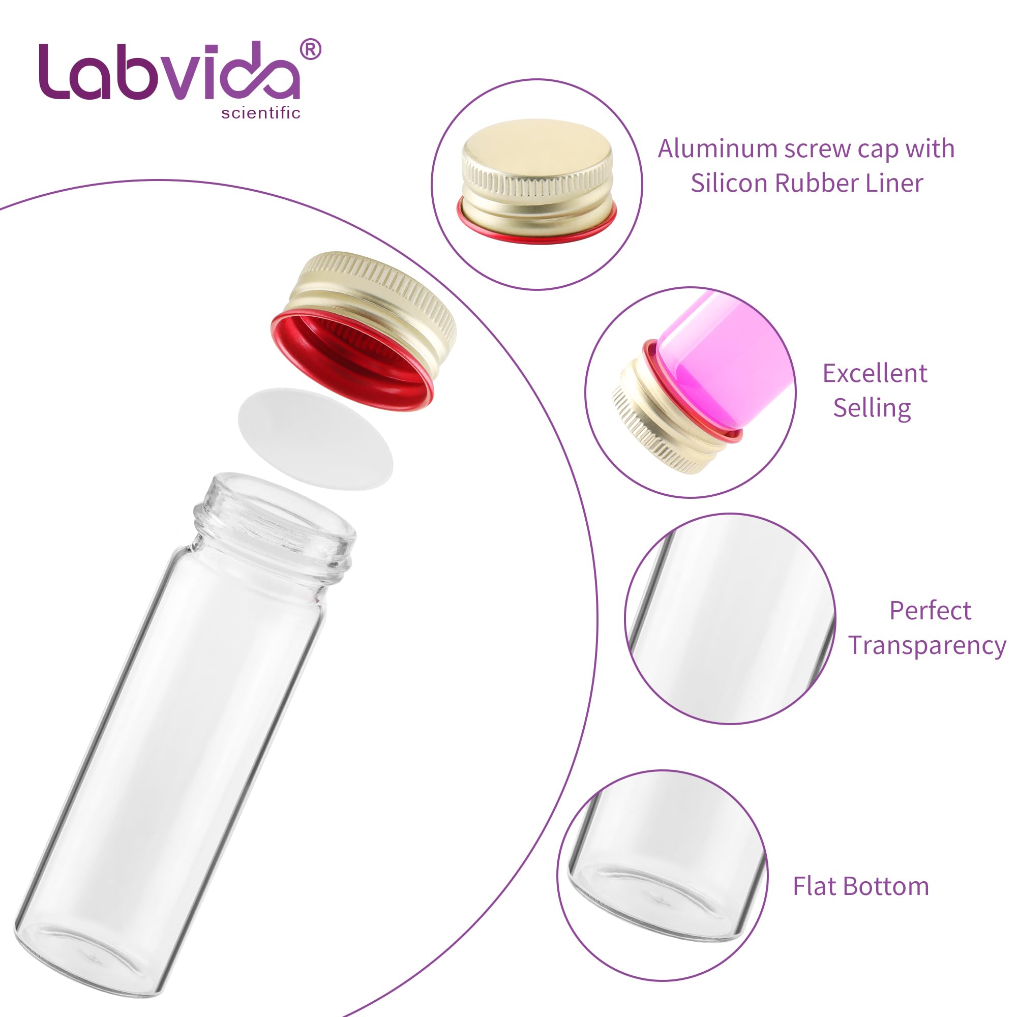 Labvida 25ml Clear Glass Vials with Plastic Stoppers, 20 Pack Glass Vials with Screw Caps, Leak-Proof Small Glass Lab Vials, Liquid Sample Vials for Essential Oil, Reagent, Seeds, LVH008