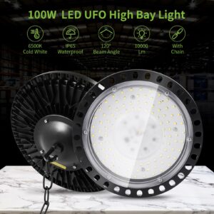 Ankishi 6 Pack 100w 10000lm UFO High Bay Led Shop Lights for Workshop 5000k IP65 Commercial Bay Lighting with US Hook/1.64ft Hanging Chain /3.28ft Safety Rope/1.64ft Cable for Garage Gym Factory