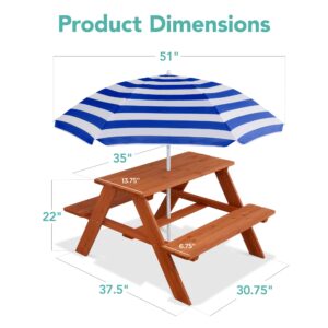 Best Choice Products Kids Wooden Picnic Table, Outdoor Activity & Dining Table w/Adjustable Collapsible Umbrella, Built-in Seats - Golden Brown/Navy