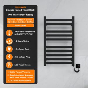 Heated Towel Rack, WiFi Towel Warmer Rack, für Alexa und Google Home and TUYA APP, Heated Towel Racks for Bathroom, with 1H-9H Hour Timer 86℉-158℉ Temperature Control-WiFi Black Right