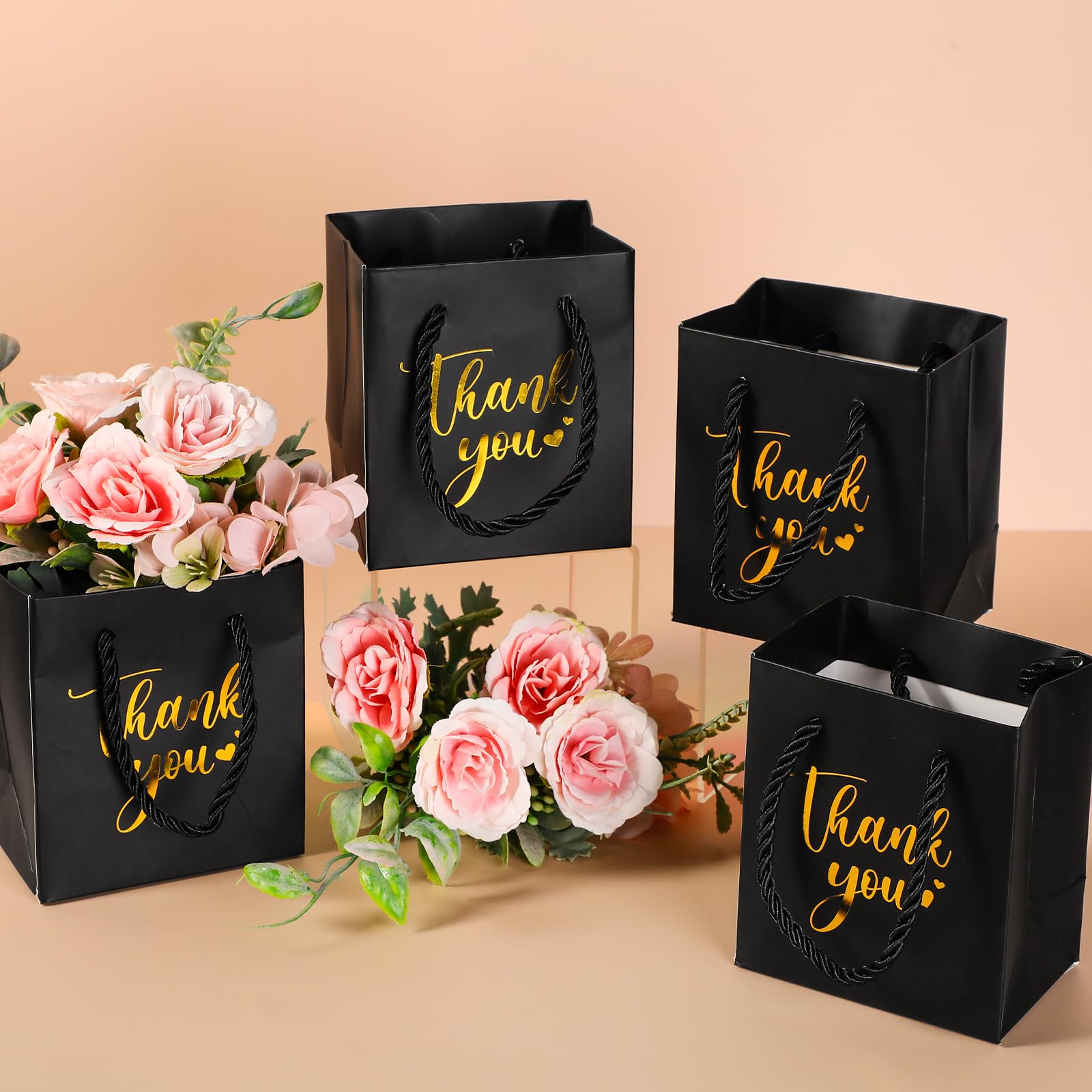 Honoson 30 Pcs Mini Gift Bag with Handle 4 x 2.75 x 4.5'' Small Thank You Paper Bag Foil Gift Bag Wedding Wrap Bag Halloween Birthday Christmas Thanksgiving Party Favor Bag(Black/Gold)