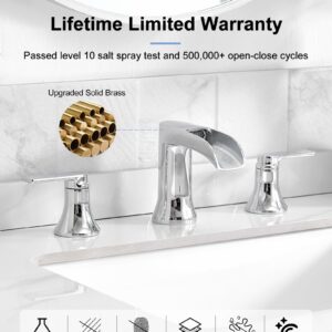 HOIGY Chrome Bathroom Faucet, 2 Handles Brass Widespread Waterfall Faucet for Bathroom Sink, 4-10 Inch Sink Faucet Bathroom 3 Hole, Farmhouse RV Restroom Vanity Faucet with Pop Up Drain & Water Hoses