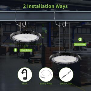 Ankishi 6 Pack 100w 10000lm UFO High Bay Led Shop Lights for Workshop 5000k IP65 Commercial Bay Lighting with US Hook/1.64ft Hanging Chain /3.28ft Safety Rope/1.64ft Cable for Garage Gym Factory