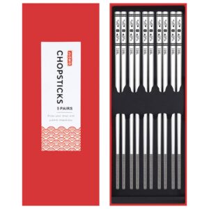 5 pairs metal chopsticks, reusable 316l stainless steel chopsticks with laser engraved non-slip, lightweight square design, japanese chinese korean design, dishwasher safe, gift set, fish pattern