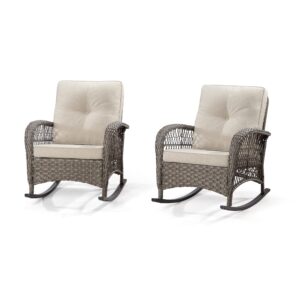 meetleisure patio wicker rocking chair set of 2 - all-weather outdoor rocker chair two pieces with safe rocking design and premium fabric cushions (mixed grey/beige)