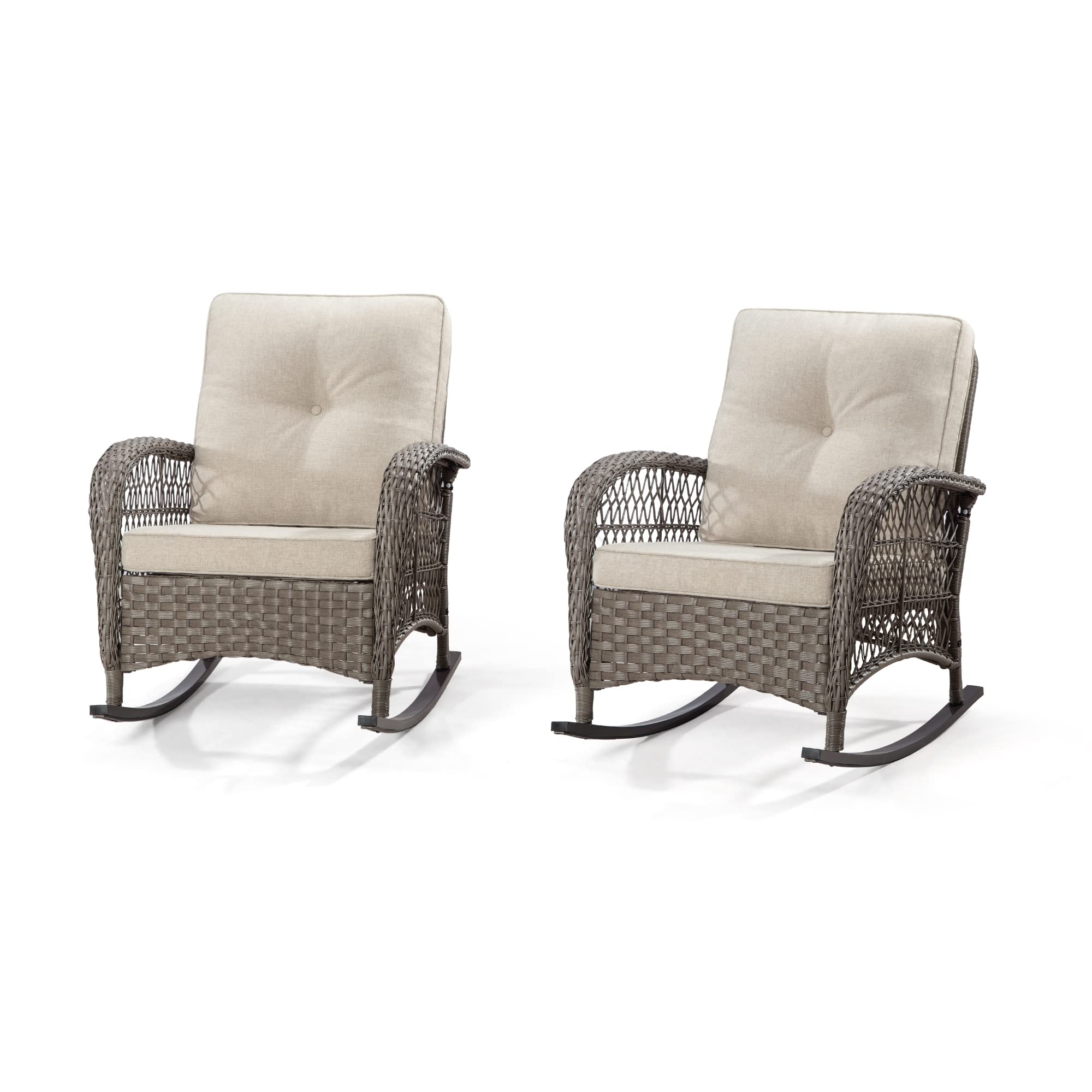 MeetLeisure Patio Wicker Rocking Chair Set of 2 - All-Weather Outdoor Rocker Chair Two Pieces with Safe Rocking Design and Premium Fabric Cushions (Mixed Grey/Beige)