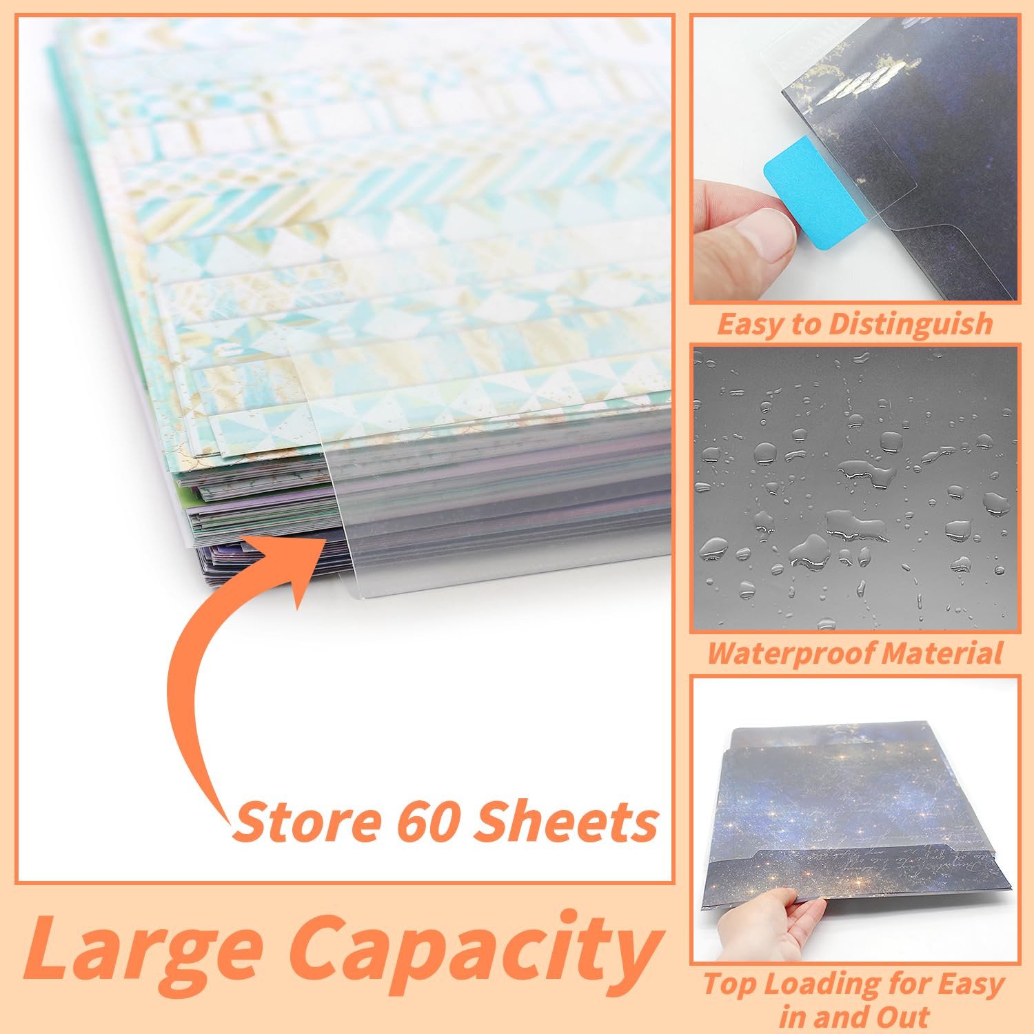 Anvin 12 Pcs Scrapbook Paper Storage Organizer for 12 x 12 Inch Paper with 60 Pcs Sticky Index Tabs Waterproof Individual Top Loading Files for Separating Scrapbook Paper, Vinyl Paper, Craft Paper