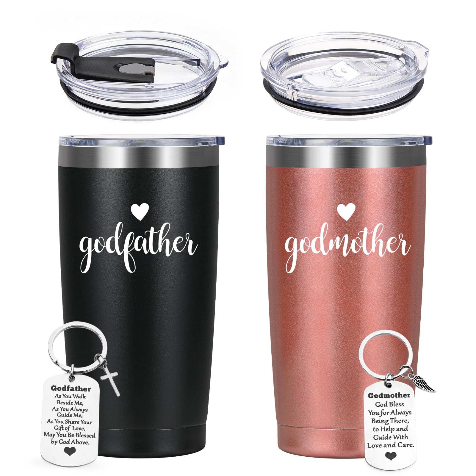 LiqCool Godparents Proposal Gift, Godmother & Godfather Insulated Tumbler Set with Keychain, Godparents Gift from Godchild, God Parents Presents for Mother's Day Baptism, 20oz Black & Rose Gold