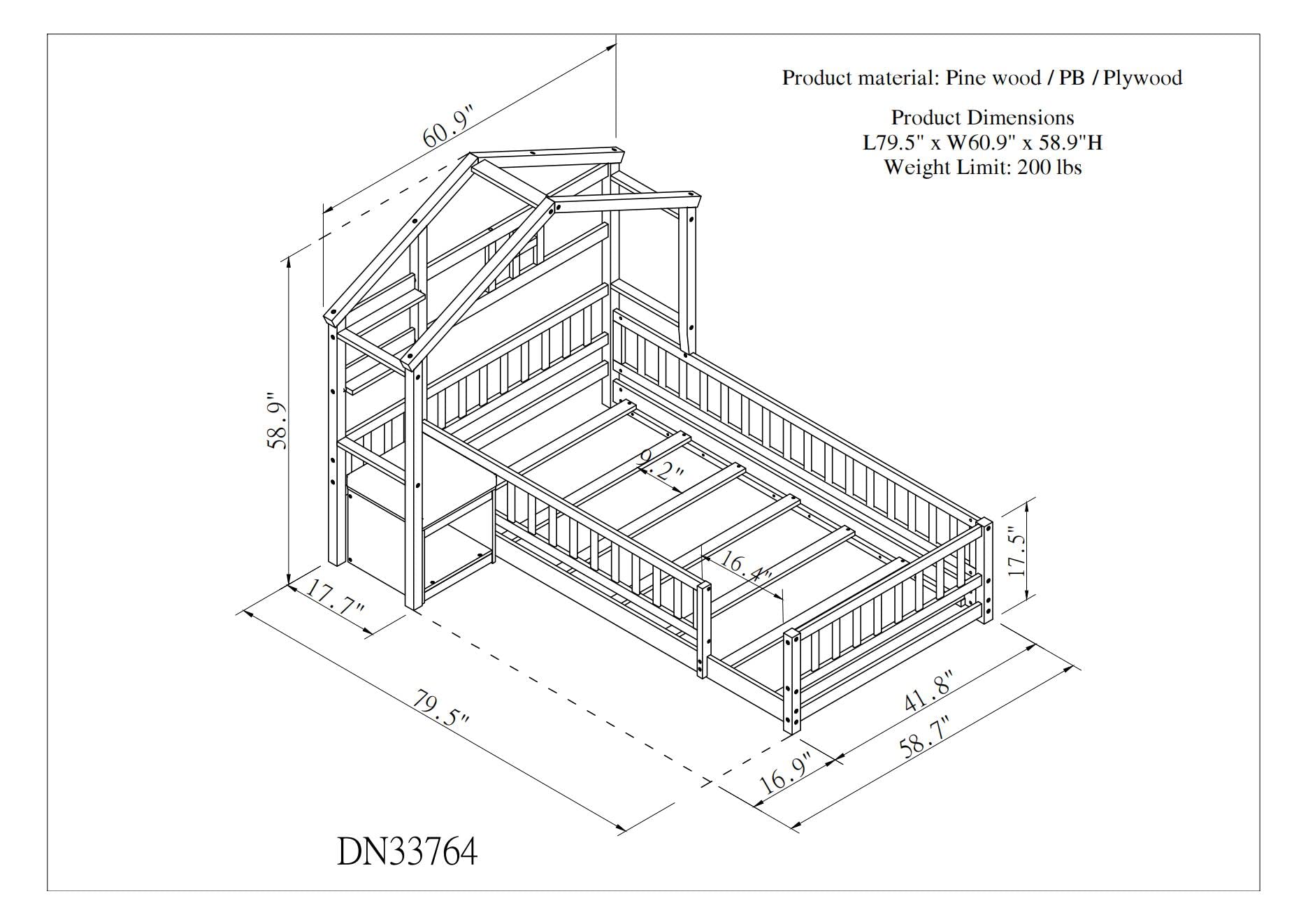 Floor Bed with Fence Railings and House Shape Headboard, Twin Size House Beds with Nightstand and Wooden Slats Support, Kids Montessori Style Playhouse Bed Frame for Girls Boys, White