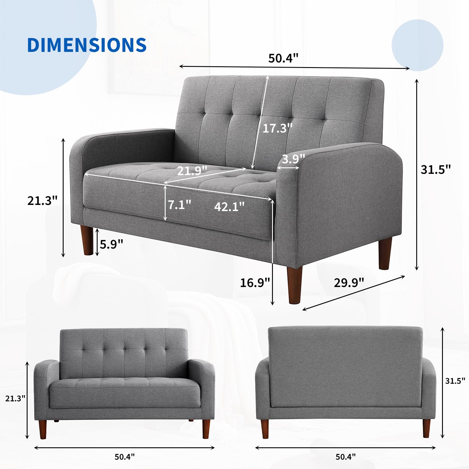 Husbedom 50.4" Tufted Loveseat Small Couch for Small Spaces, Mid Century Modern Sofa 2 Seater Mini Love Seat Furniture for Living Room Bedroom Apartment Office Dorm Studio, Light Gray