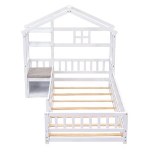 Floor Bed with Fence Railings and House Shape Headboard, Twin Size House Beds with Nightstand and Wooden Slats Support, Kids Montessori Style Playhouse Bed Frame for Girls Boys, White