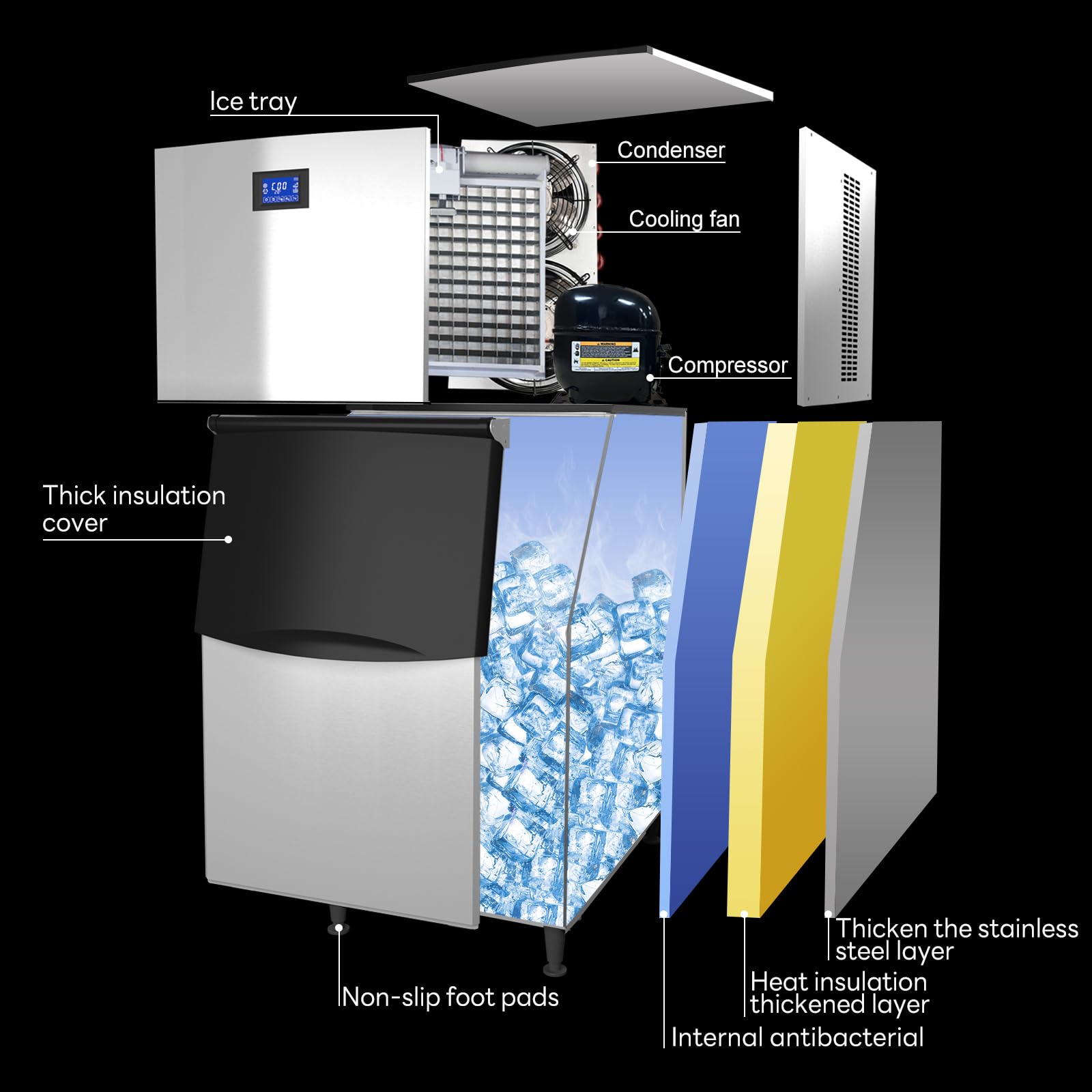 XPW Commercial Ice Maker Machine - 550LBS/24H with 350LBS Bin 110V 1200W Ultra Strong Compressor Stainless Steel Construction Fully Automatic Operation Perfect for Bar Restaurants and Business