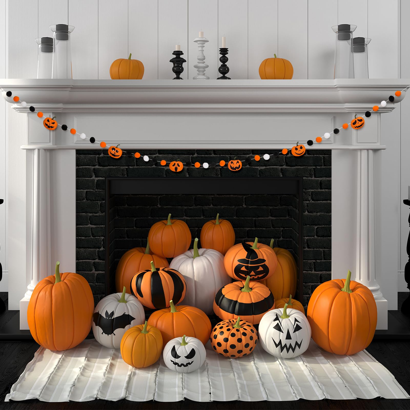 Whaline 8.2Ft Halloween Felt Pom Pom Garland Different Expressions Cute Pumpkins Hanging Banner Orange White Black Pom Ball Bunting Banner for Halloween Home Mantel Wall Window Decor Party Supplies