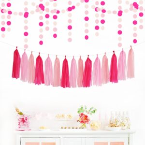 Rose Hot Pink Party Decorations - 23pcs Girl Birthday Baby Shower Tissue Pom Poms Streamers, Bachelorette Bridal Wedding Engagement Supplies Tassel Garland Banner,Valentines Day Favors Decor Ouruola