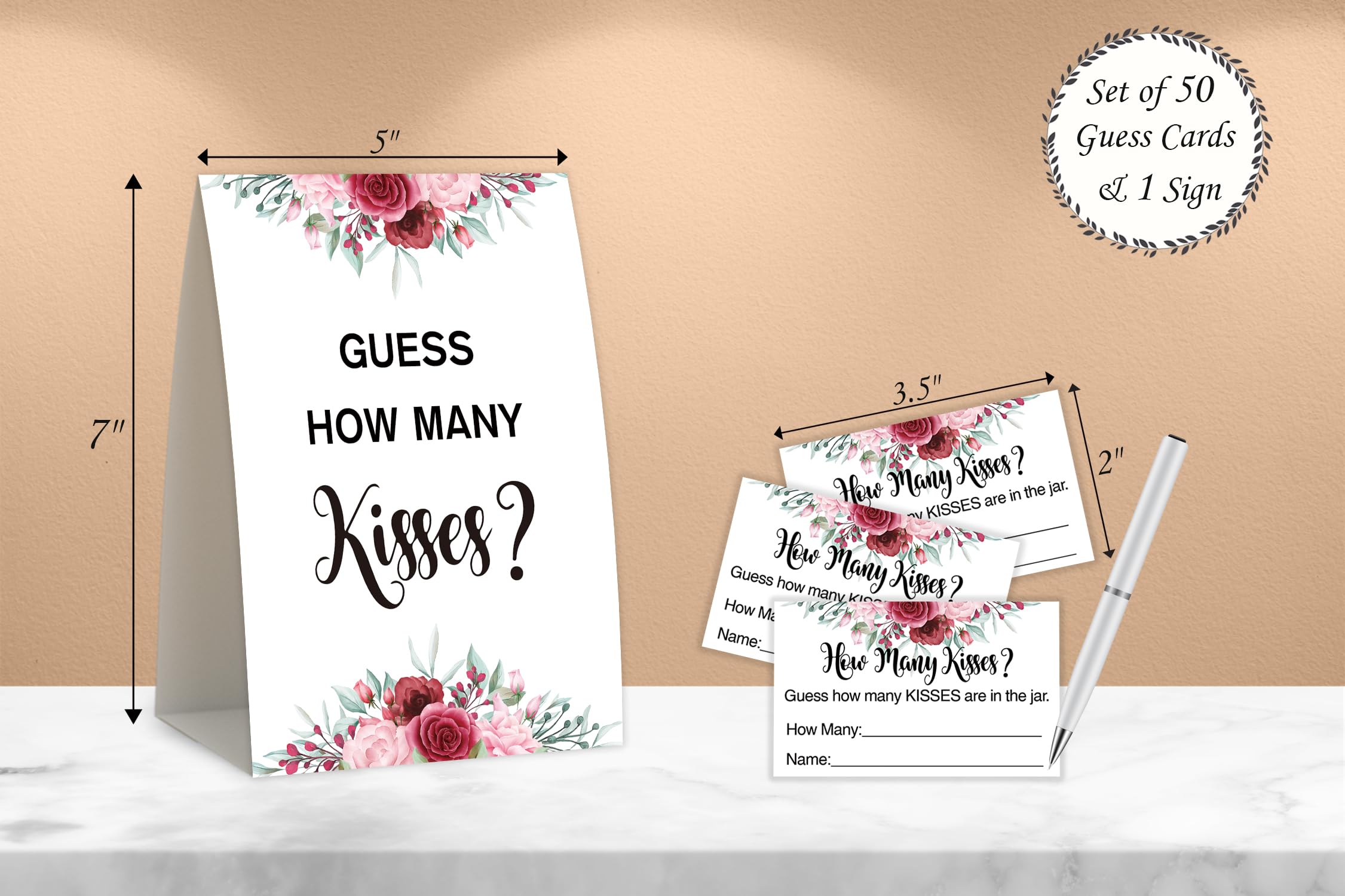 Floral Theme Guess How Many Kisses Bridal Shower Game,Wedding Shower,Bridal Shower Decorations,Popular Bridal Shower Games,Engagement Party Game,Set Including 1 Sign And 50 Guessing Cards-03