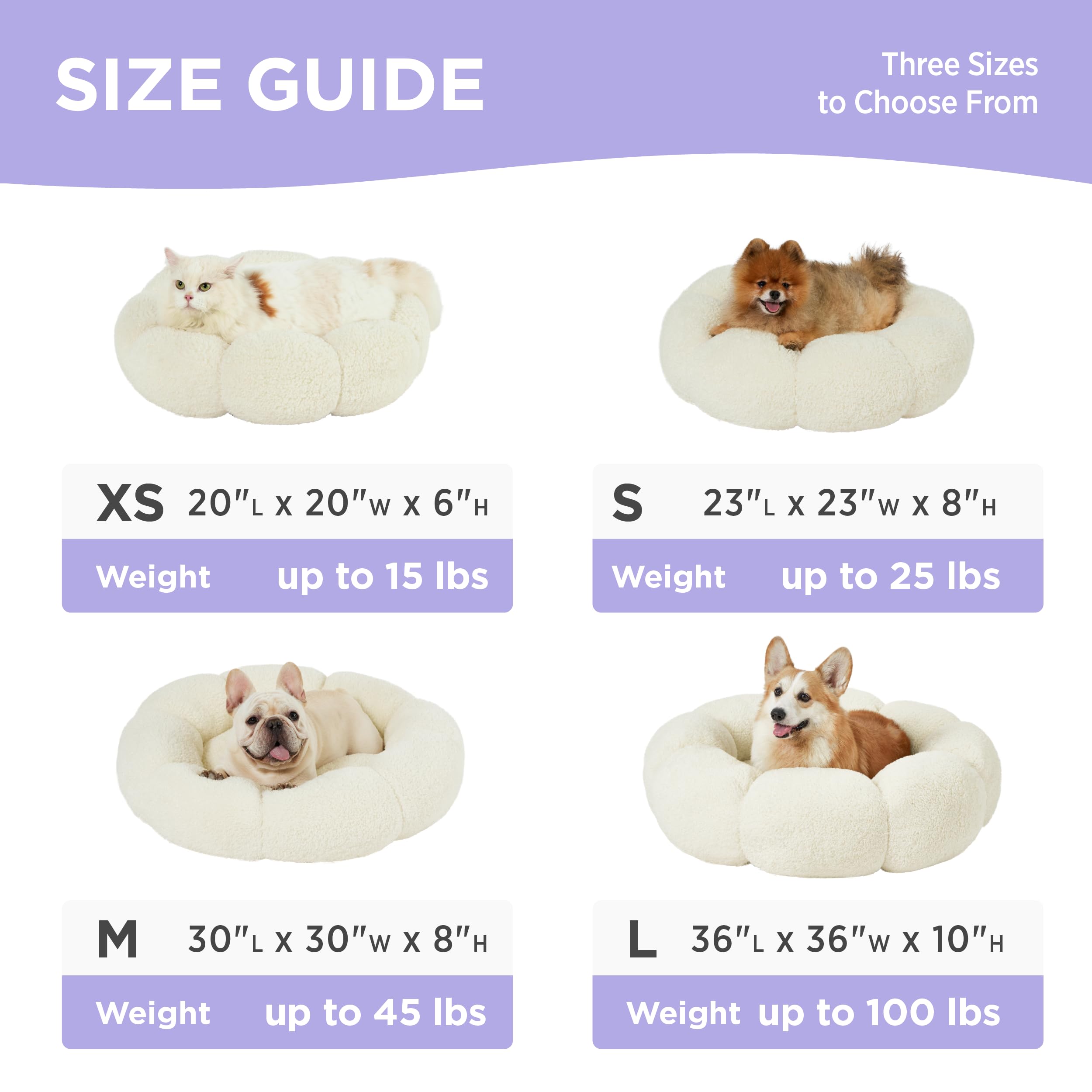 Lesure Calming Cat Beds for Indoor Cats - Cute Flower Pet Beds in Teddy Sherpa Plush, Donut Round Fluffy Puppy Bed, Non-Slip Extra Small Dog Bed Fits up to 15 lbs, Machine Washable, Cream 20"