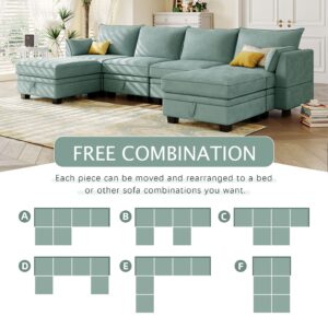 Harper & Bright Designs Large U-Shape Sectional Sofa, Modern Upholstered Sofa Couch with Removable Ottoman and Storage Seat, Convertible Sofa Bed with Reversible Chaise for Living Room, Light Green