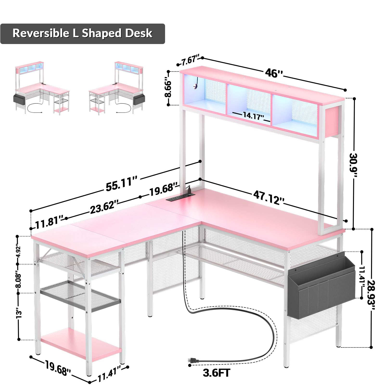 Unikito L Shaped Computer Desk with LED Strip and Power Outlets, Reversible L-Shaped Corner Desk with Storage Shelves and Bag, Industrial Home Office Desk Gaming Table with USB Port, Pink