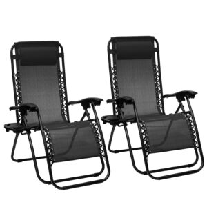 luibas zero gravity chair, foldable outdoor reclining lawn chair with adjustable headrest and cup holder, patio lounge recliner for garden poolside camp yard, 2 packs, black