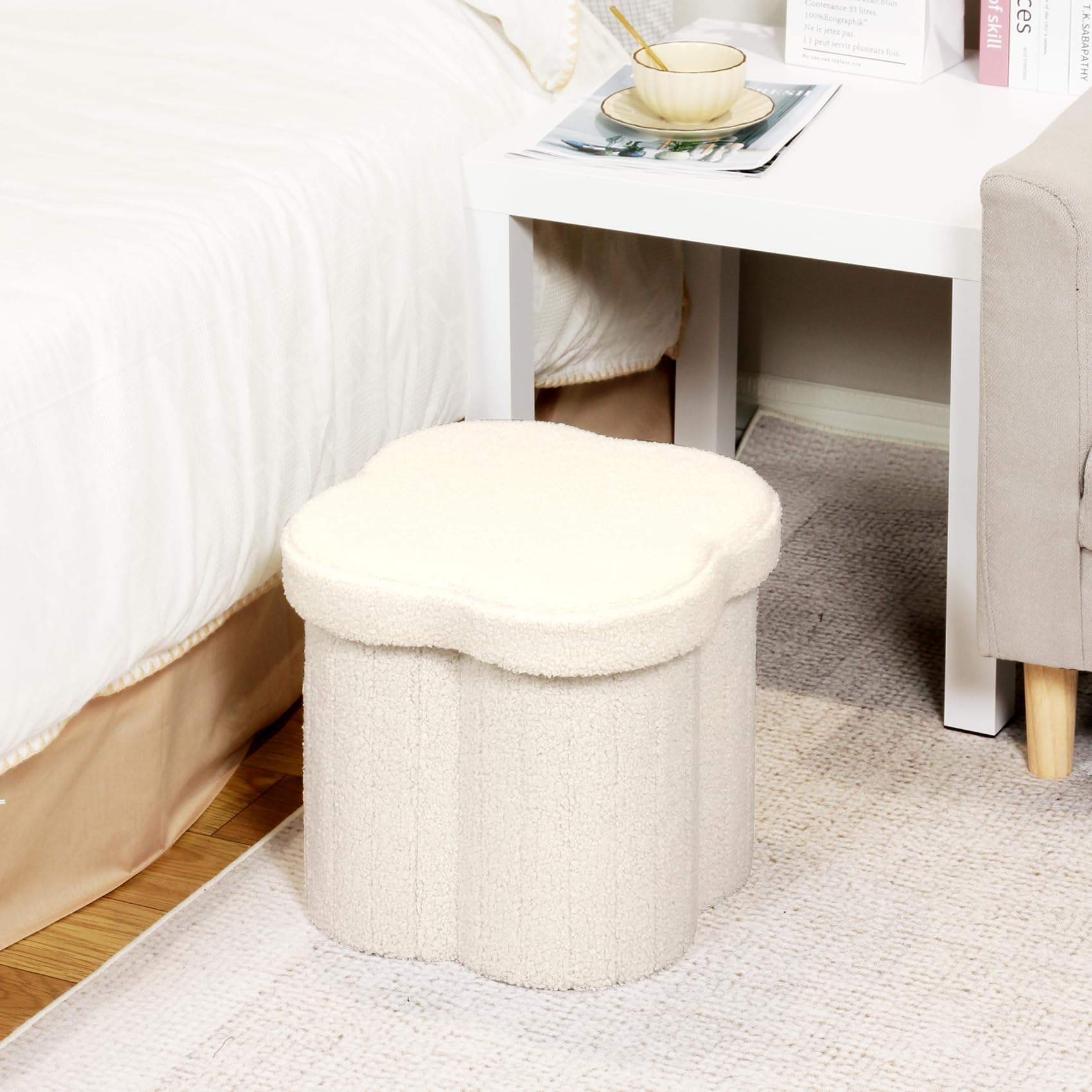 B FSOBEIIALEO Storage Ottoman Cube, Flowers Shaped Ottomans with Storage Foot Stool Footrest for Lving Room, Boucle Ottoman Seat for Dorm Room,Faux Teddy Fur,White 12.6"x12.6"x12.6"