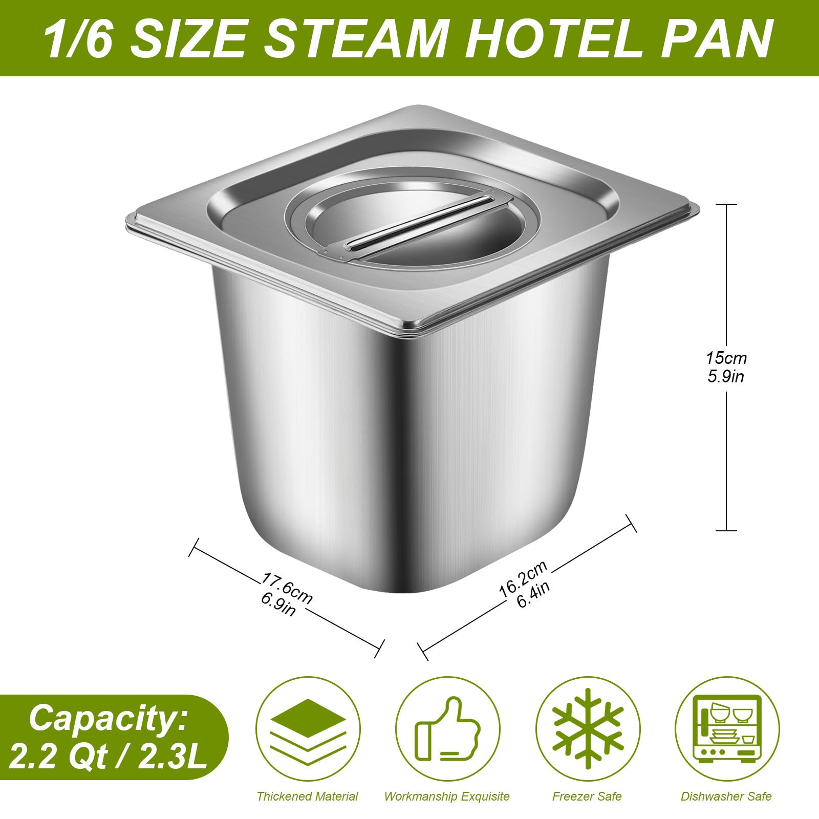 1/6 Size 8 Pack Stainless Steam Hotel Pan with Lids, 6" Deep 1.2 mm Thick Stainless Steel Jam Steam Pan, Steam Table Pan for Restaurant, Hotel, Party