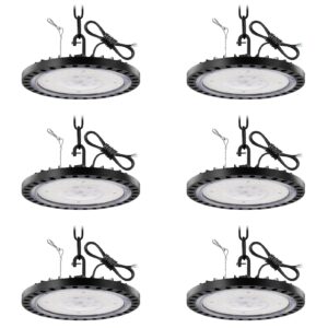 ankishi 6 pack 100w 10000lm ufo high bay led shop lights for workshop 5000k ip65 commercial bay lighting with us hook/1.64ft hanging chain /3.28ft safety rope/1.64ft cable for garage gym factory