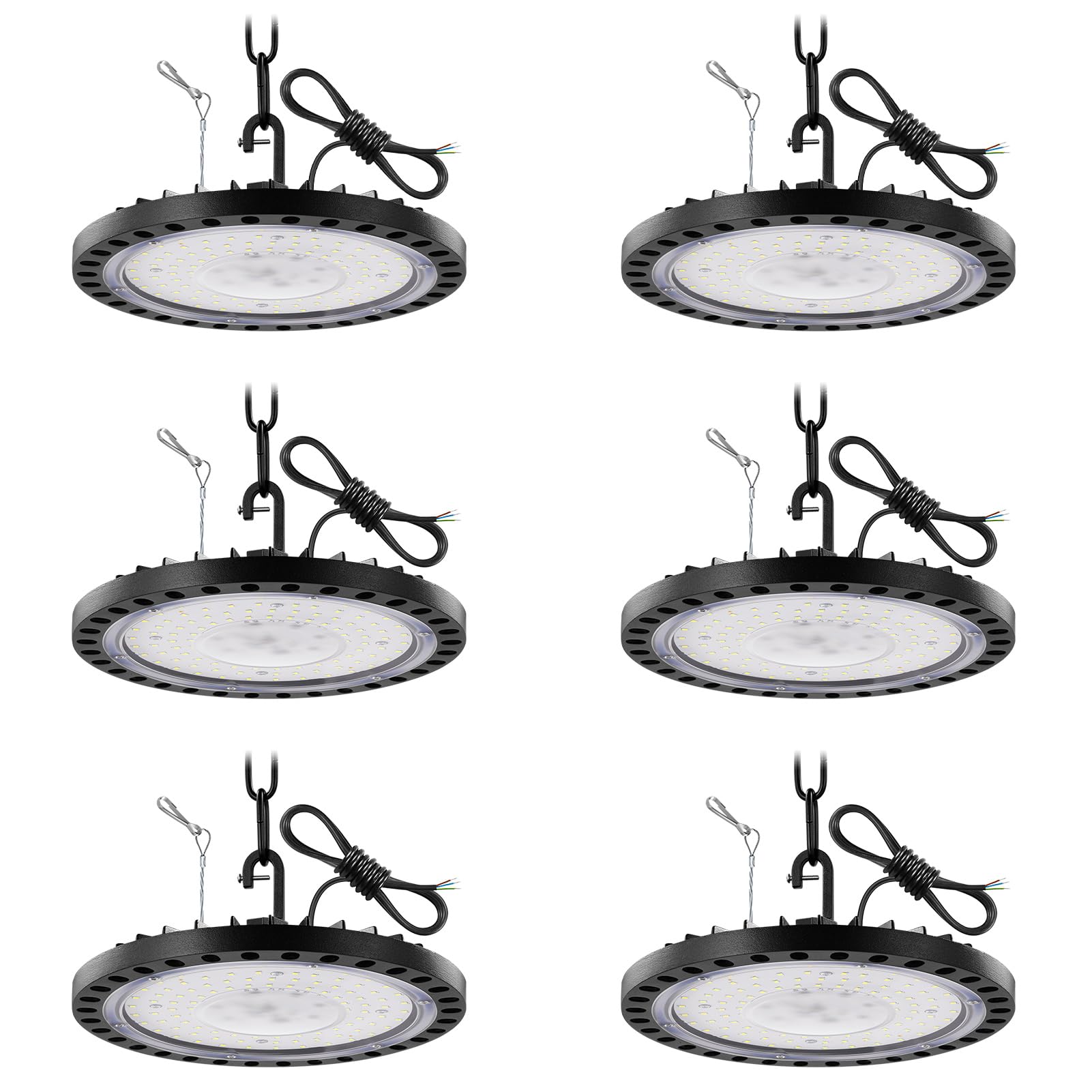 Ankishi 6 Pack 100w 10000lm UFO High Bay Led Shop Lights for Workshop 5000k IP65 Commercial Bay Lighting with US Hook/1.64ft Hanging Chain /3.28ft Safety Rope/1.64ft Cable for Garage Gym Factory