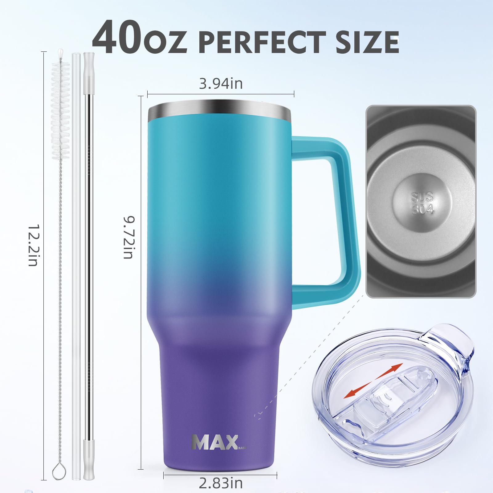 MaxBase 40 Oz Tumbler with Handle and Straw Lid, Insulated Reusable Stainless Steel Travel Mug Keeps Drinks Cold up to 34 Hours, 100% Leakproof Bottle (Amethyst)