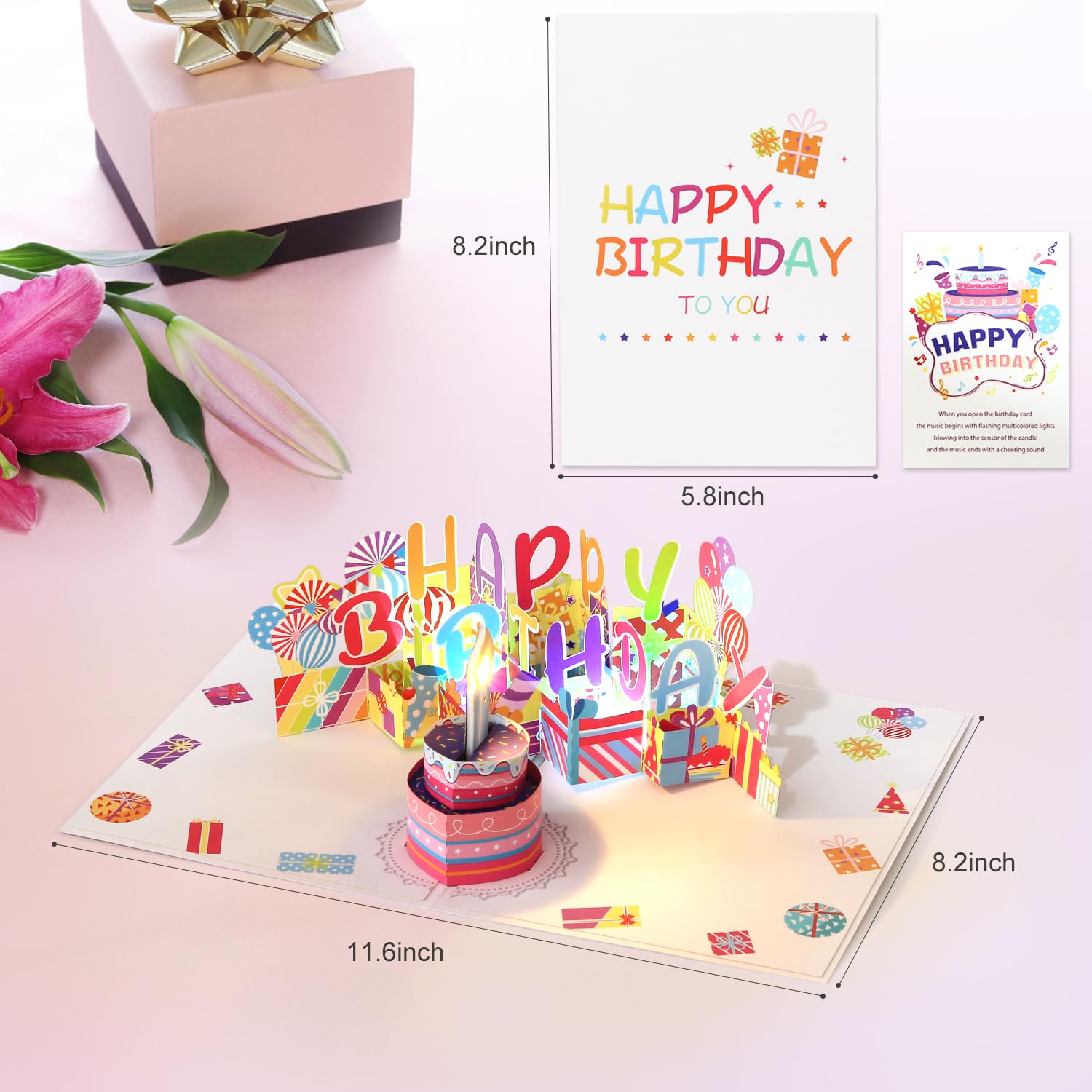 Yinqing Birthday Gift Cards, Light and Music Happy Birthday Card, 3D Pop Up Birthday Card with Blowable Candle for Women Men Kids Husband Wife Mom Dad Daughter.