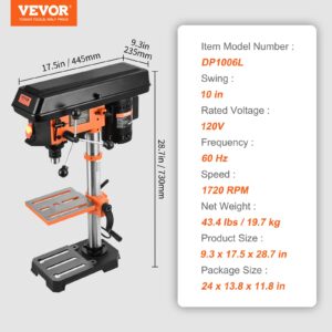 VEVOR 10 in Benchtop Drill Press, 3.2 Amp 120V, 5-Speed Cast Iron Bench Drill Press, 10 in Swing Distance 0-45° Tiltling Worktable with Work Light, Tabletop Drilling Machine for Wood Metal