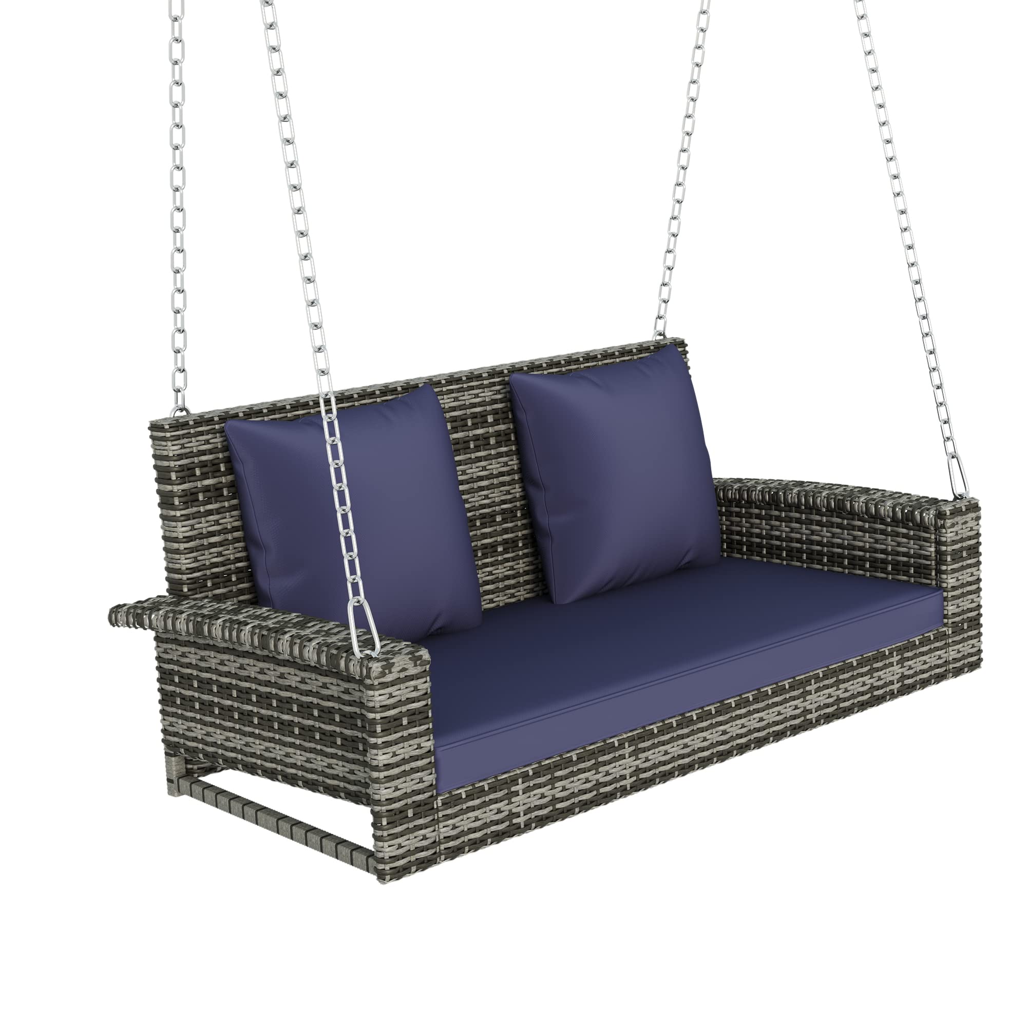 2-Person Porch Swing with Hanging Chains,Outdoor Rattan Wicker Porch Swing Bench with Cushion/Pillow for Front Garden, Backyard, Pond(Gray Wicker, Blue Cushion)