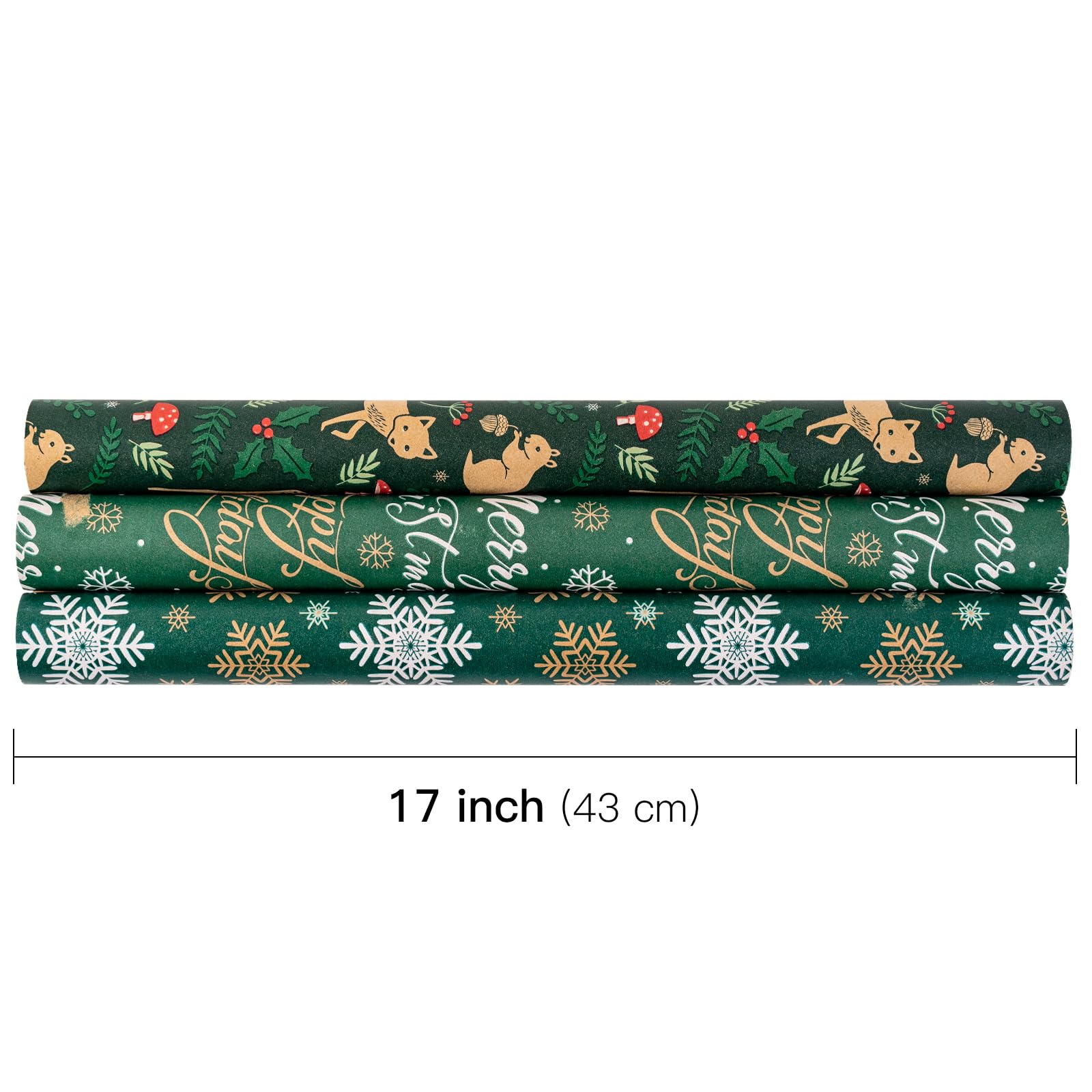 RUSPEPA Christmas Animals Wrapping Paper Rolls - 17 inches x 10 feet per Roll, Total of 3 Rolls - Green Design